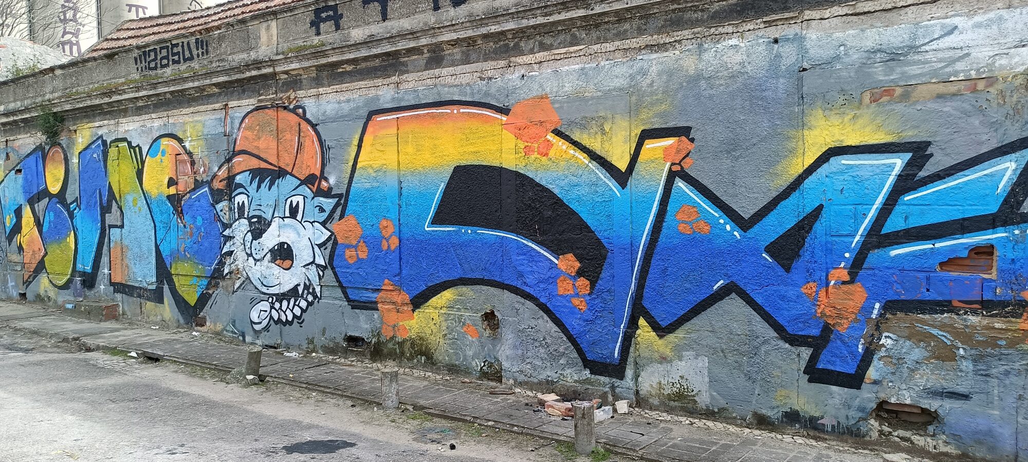 Blue Lettering and Cat in an Orange Beanie — Street art in Almada