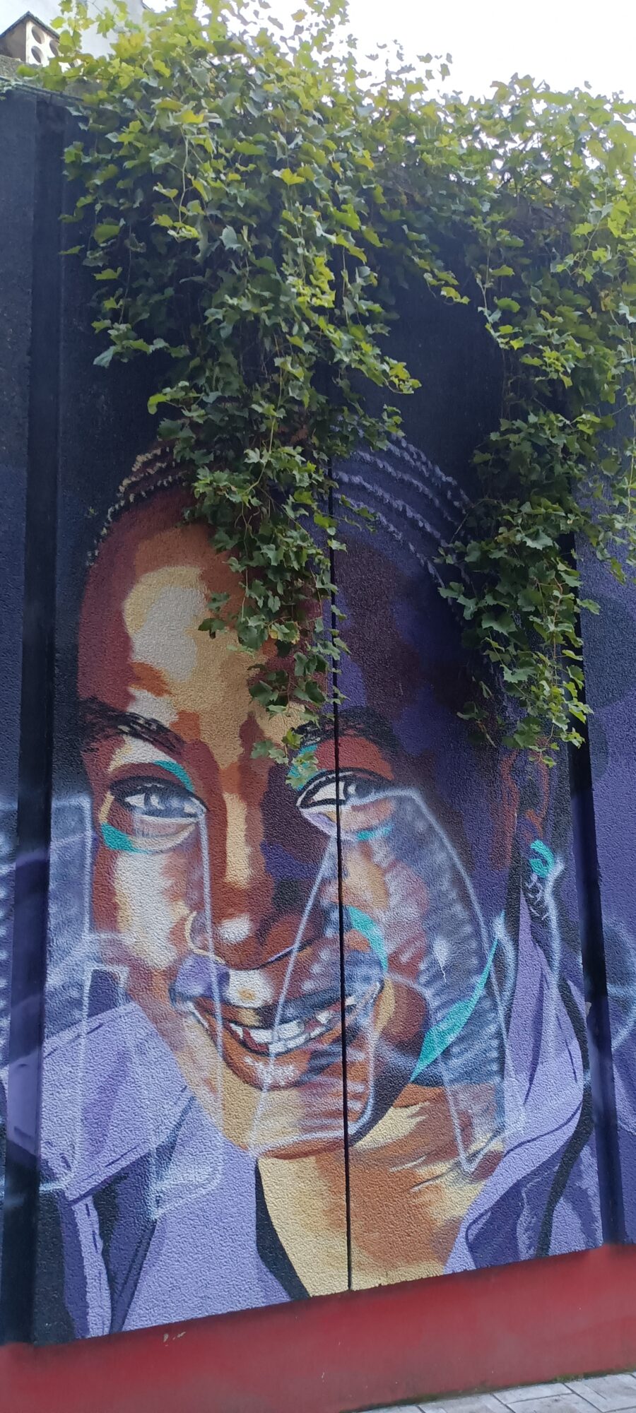 Sourire violet sous le lierre — Street art à Bruxelles