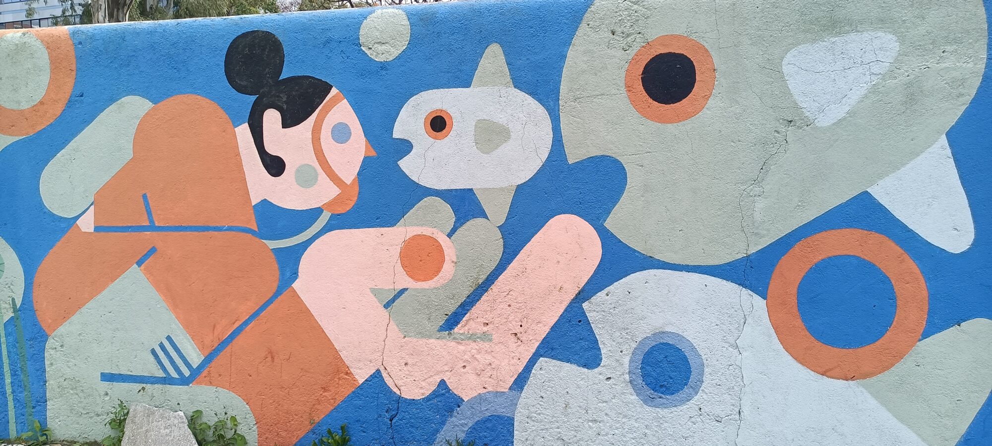 Swimmer with a bun among the fish — Street art by Mariana Rio in Lisboa