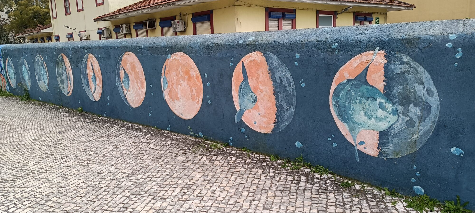 Sequence of moons inhabited by fish — Street art in Lisboa