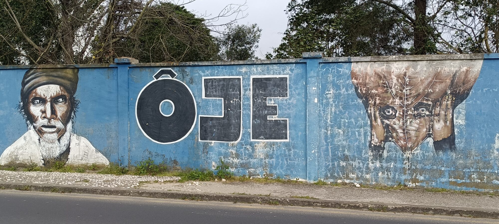 Vieil homme au bonnet et figure végétale — Street art de ÔJE à Lisboa
