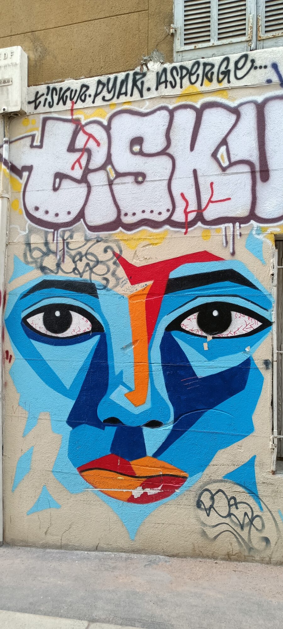 Blue face in geometric facets — Street art in Marseille