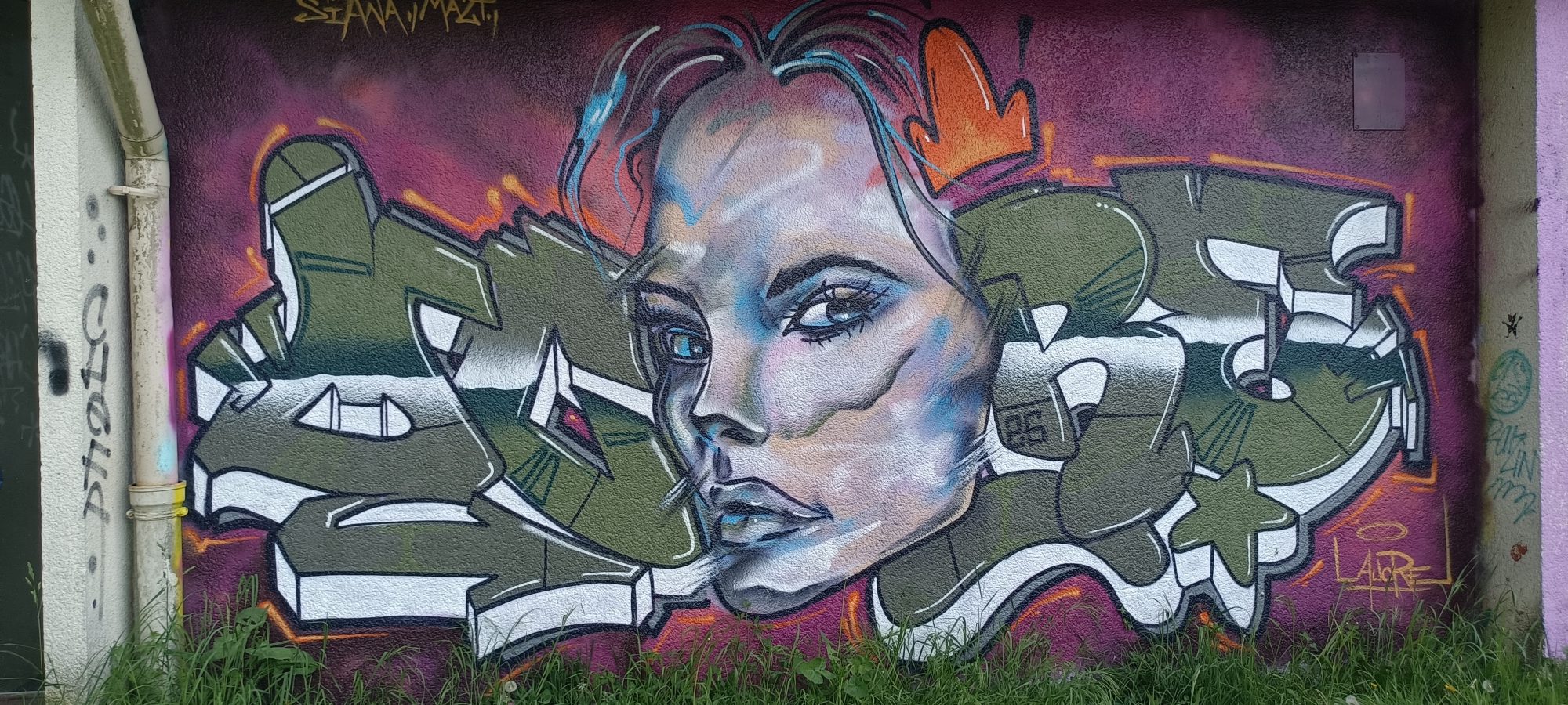 Female Face among Olive Letters — Street art in Sainte-Luce-sur-Loire