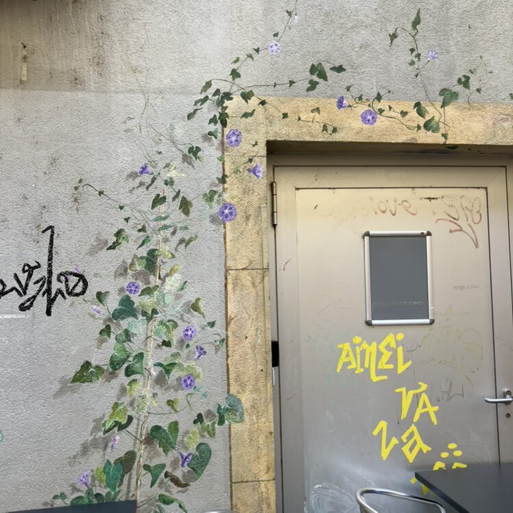 Chat tricolore sur un ressaut de pierre — Street art à Neuchâtel
