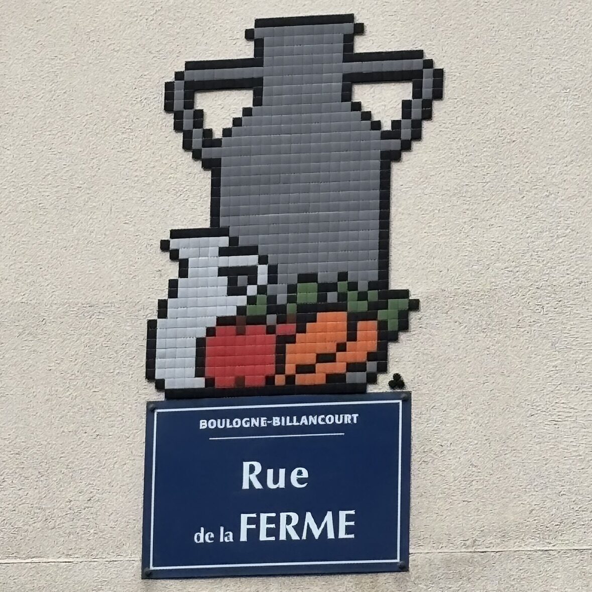 Milk Churn and Vegetables on Rue de la Ferme — Street art by Mifamosa in Boulogne-Billancourt
