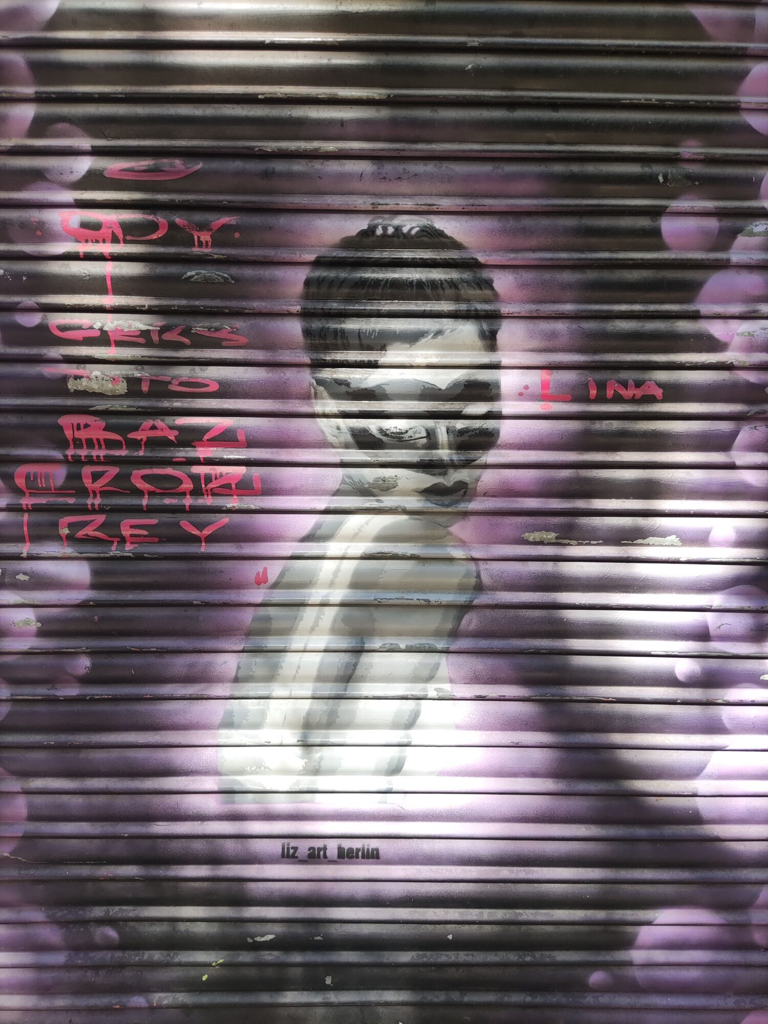 Portrait effacé sur rideau lilas — Street art de Liz art Berlin à València