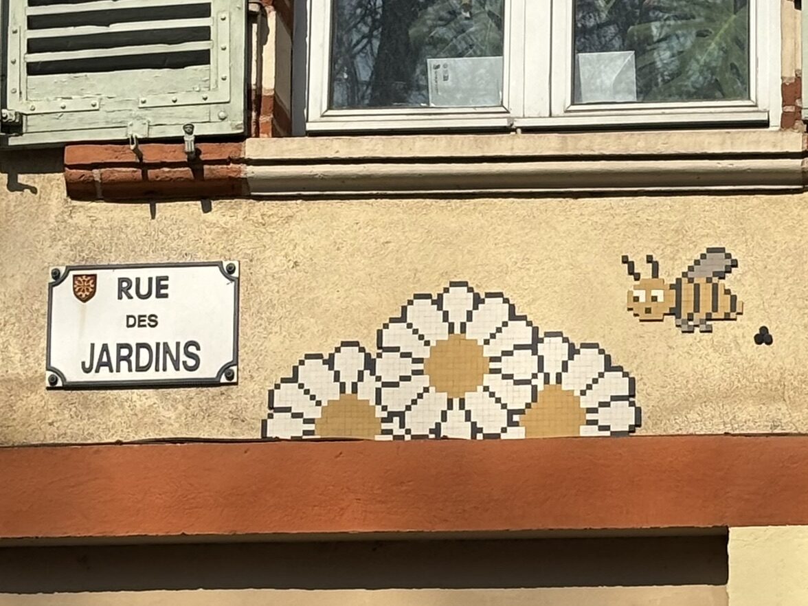 Daisies and Bee on Rue des Jardins — Street art by Mifamosa in Toulouse