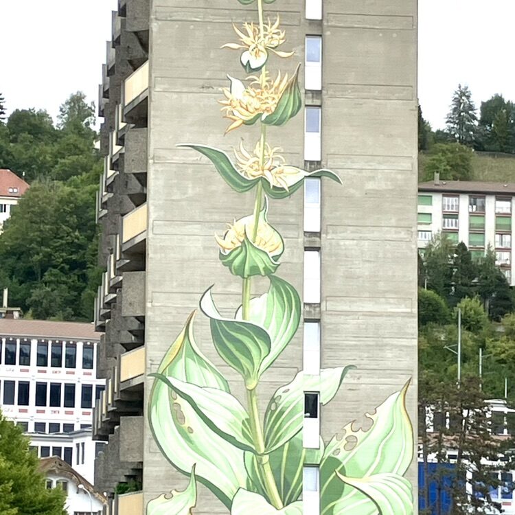 La Grande Gentiane — Street art de Mona Caron à Le Locle