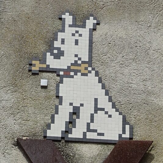 Tiled Milou with a Bone — Street art by Tag Lady in La Rochelle