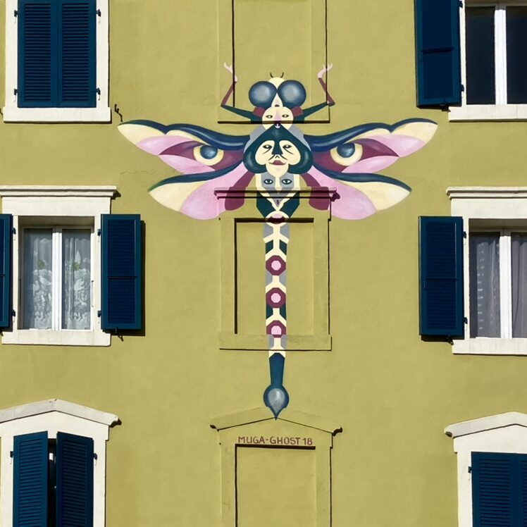 Dragonfly of Stacked Faces — Street art in La Chaux-de-Fonds