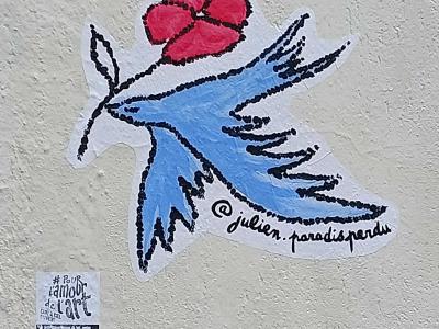 Blue Swallow and Red Flower — Street art in Nantes