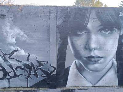 Wednesday Addams and the Chrome Piece — Street art by Disk in Bourges