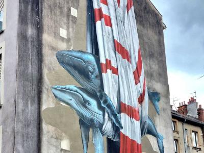 Two Whales Behind a Striped Curtain — Street art by Nevercrew in Grenoble