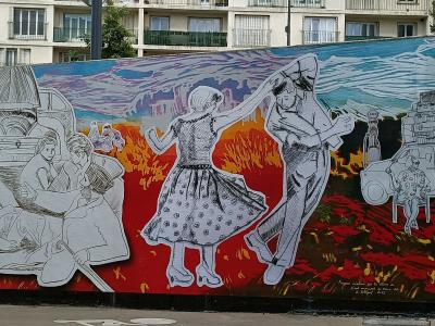 Narrative Mural with Moving Figures — Street art in Villejuif