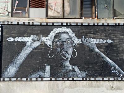 Black-White Woman Feathers Portrait — Street art by Lady bug in Nantes