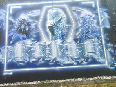 Flamingo and Cannabis in Blue Wildstyle — Street art by Jiffboys in Berlin