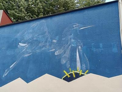 Large White Bird on Blue Background — Street art in Paris