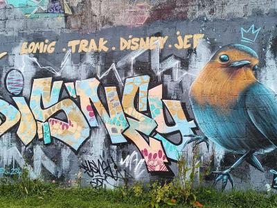 DISNEY Mural — Giraffe, Bird and Lettering — Street art by Jef in Redon