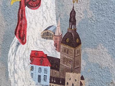 Surreal rooster head — Street art in Rīga