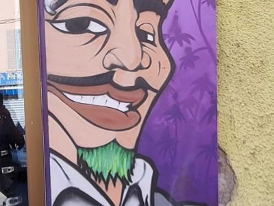 Portrait homme cheveux verts pointus sourire — Street art à Vizille