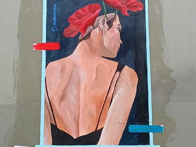 Sensual Female Figure with Red Flowers — Street art in Nantes
