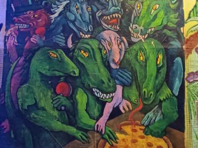 Horde of Reptilian Creatures Around a Pizza — Street art in Paris
