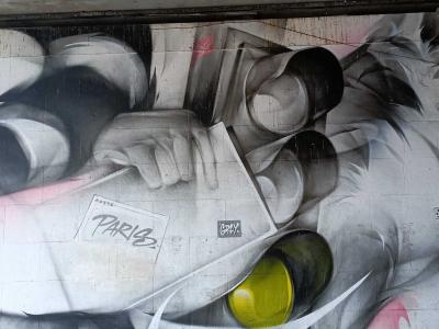 Renard blanc et artiste, hyperréalisme gris et rose — Street art de SATR à Clichy