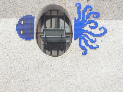 Blue Octopus Mosaic Around a Window — Street art by Tag Lady in Clermont-Ferrand