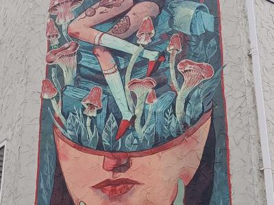 La tête ouverte aux champignons — Street art de Marija Tiurina à Vilnius