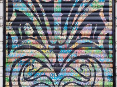 Ornate Black and Colorful Shutter — Street art in Grenoble