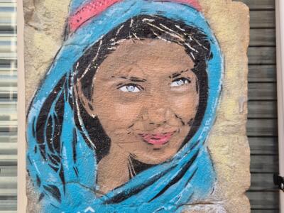 Jeune fille au voile bleu, pochoir de Nô — Street art de Nô à Lyon
