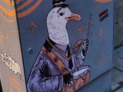 Seagull Drummer — Street art in Porto