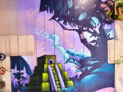 The Mayan pyramid under the canopy — Street art in Vallon-Pont-d'Arc