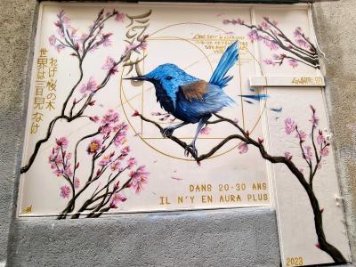 Blue Bird on Cherry Blossom — Ecological Warning — Street art in Clermont-Ferrand