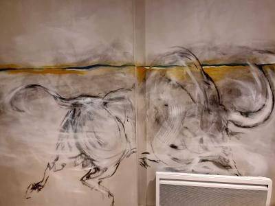 The Horned Beasts in Charcoal — Street art in Vallon-Pont-d'Arc