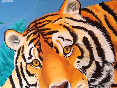 Tigre couché, regard intense — Street art à Paris