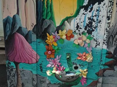 Painted Cabinet: Waterfall and Ring of Flowers — Street art in Boulogne-sur-Mer