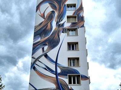 Vagues bleues et oranges — Street art de Pantonio à Grenoble