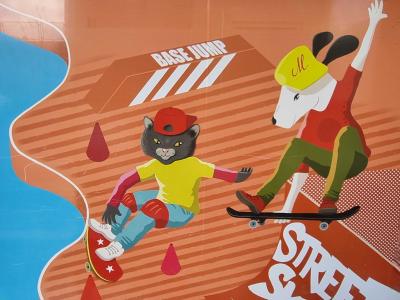 Mural enfants action sports skate-roller — Street art à Clermont-Ferrand