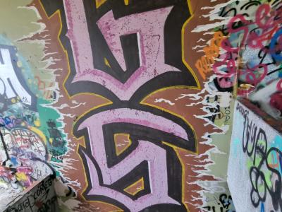 Vertical Pink Lettering on Brown — Street art in Grenoble