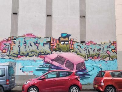 The Pink Car in the Torrent — Street art in Grenoble