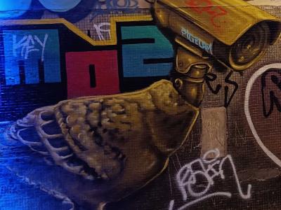 Pigeon Under Surveillance Camera — Street art in Paris