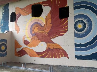 Phénix de feu et spirales, fresque intérieure — Street art de Feliz à Berlin
