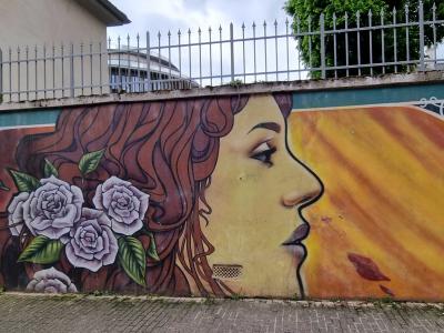 Portrait femme profil cheveux rouges-violets fleurs — Street art de Etien à Grenoble