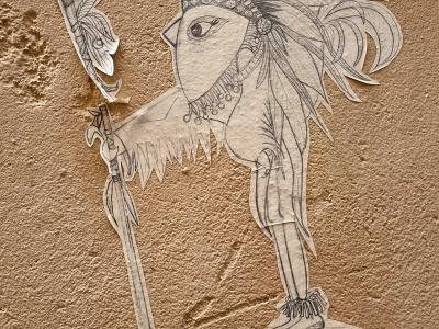Staff-Wielding Warrior, Line Drawing — Street art in Clermont-Ferrand