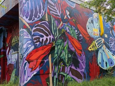 Fresque tropicale fleurs géantes et papillons — Street art à Prague