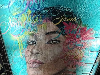 Turquoise and pink portrait — Street art in London