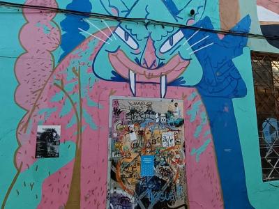 Large Pink and Blue Cat Monster — Street art in Rīga