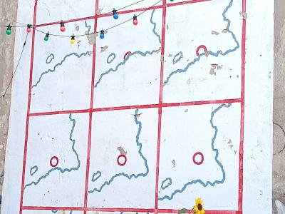Abstract Map on White Grid Wall — Street art in Rīga