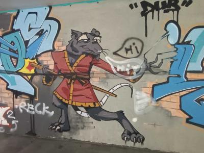 Splinter the Warrior Rat in Red Kimono — Street art in Prague